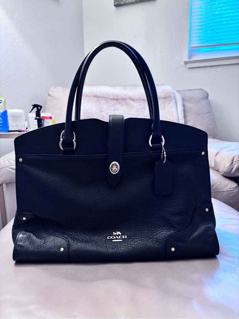 Coach navy blue Mercer Leather Structured Tote Satchel